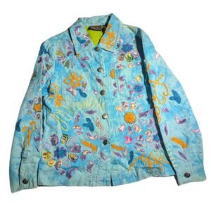 Vtg Y2K Julia Ku Blue Tie Dye Floral Applique Button Up Cotton Jacket Sz S